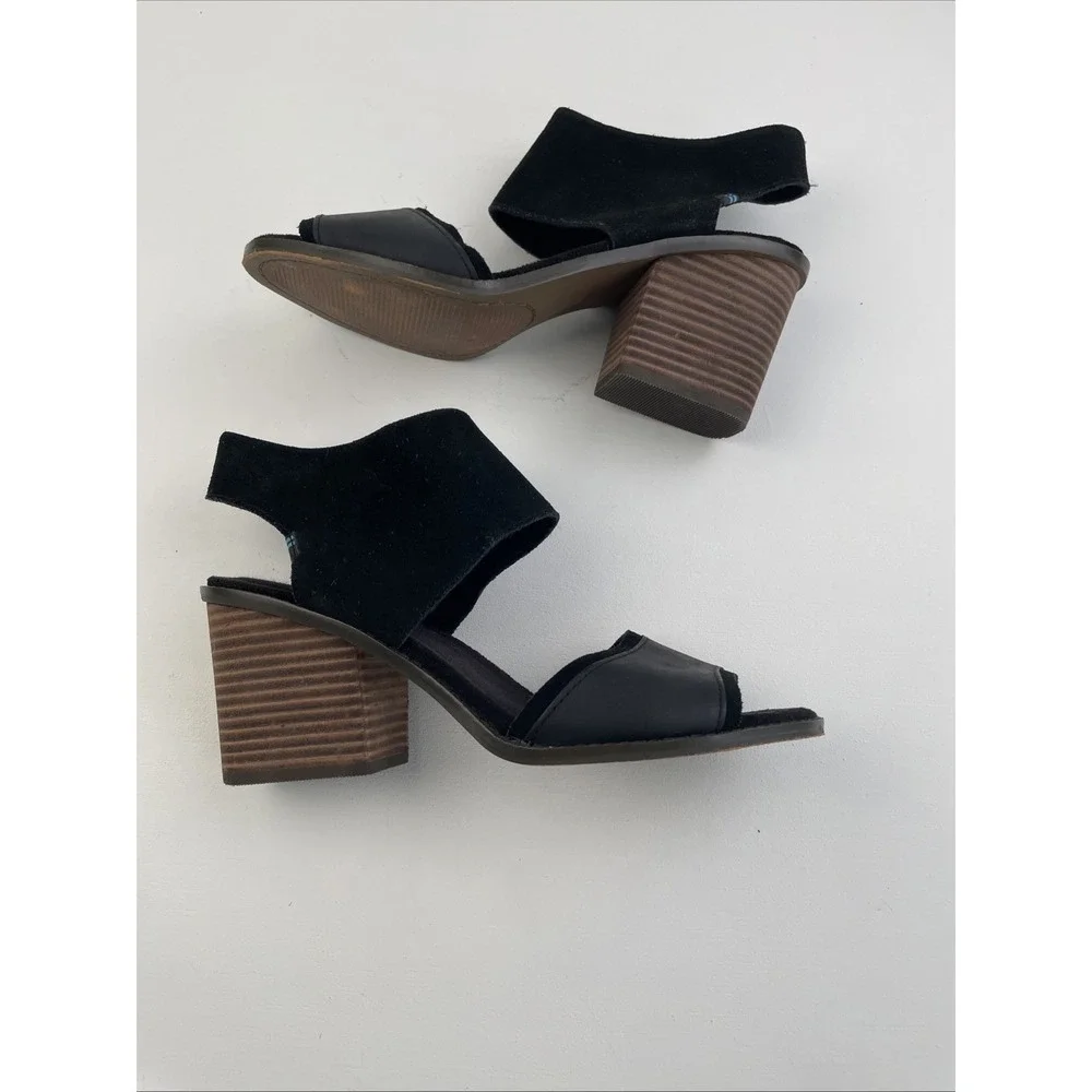 Toms Women's Sandals Size 9W Black Majorca‎ Block Ankle Leather Heels Leather